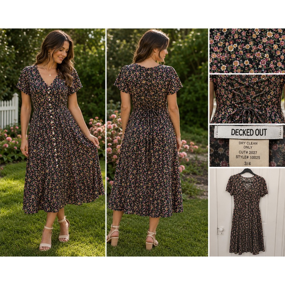 Vintage Decked Out Floral Midi Dress 3/4 Pearl Buttons Lace-Up Back 90s